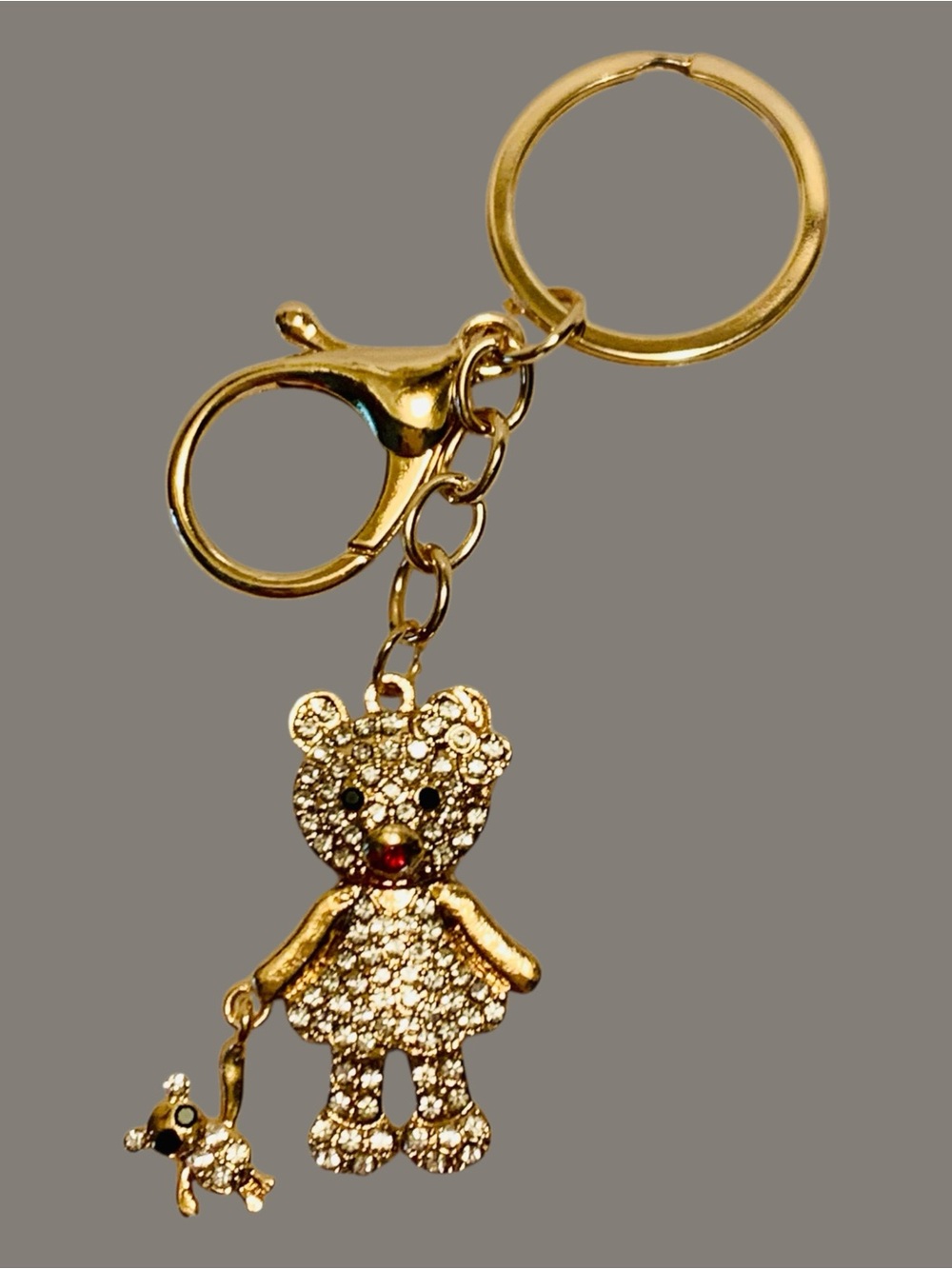 Gold Crystal Teddy Bear Keychain with a dangle baby doll bear NWT